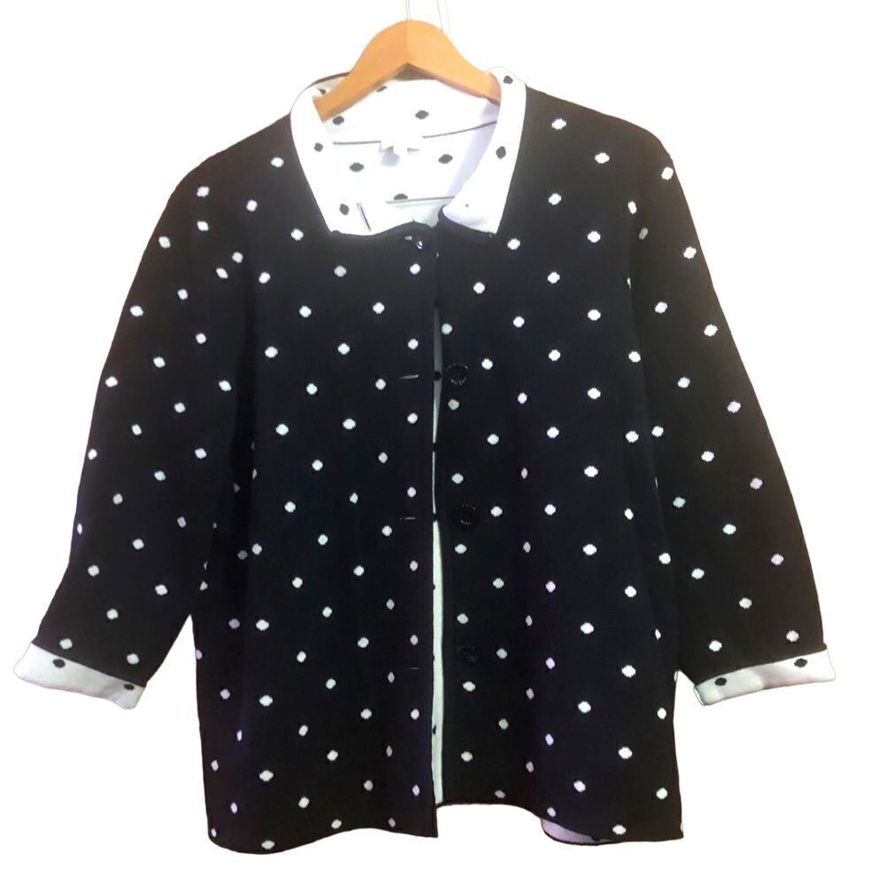 Talbots Sweater/Jacket  Black White Polka Dot Size 1X Stand Up Neck Button Front